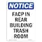 Signmission OSHA Notice, 5" Height, FACP In Rear Building Trash Room Sign, 5" X 3.5", Portrait OS-NS-D-35-V-12408 - alternate 1